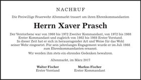 Traueranzeige Xaver Prasch