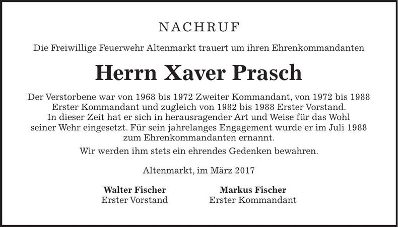 Traueranzeige Xaver Prasch