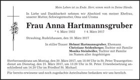 Traueranzeige Anna Hartmannsgruber