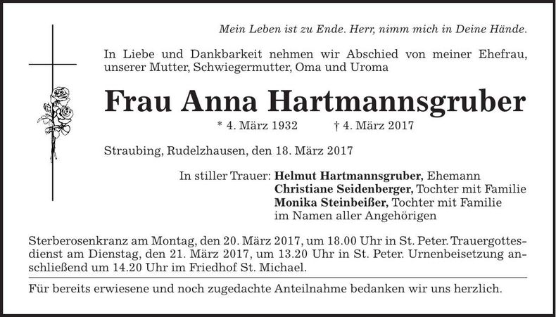 Traueranzeige Anna Hartmannsgruber
