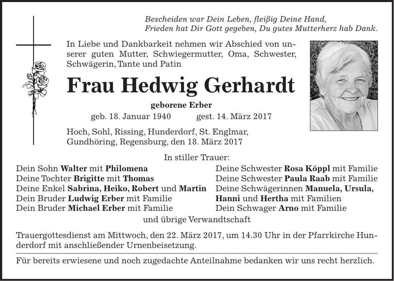 Traueranzeige Hedwig Gerhardt