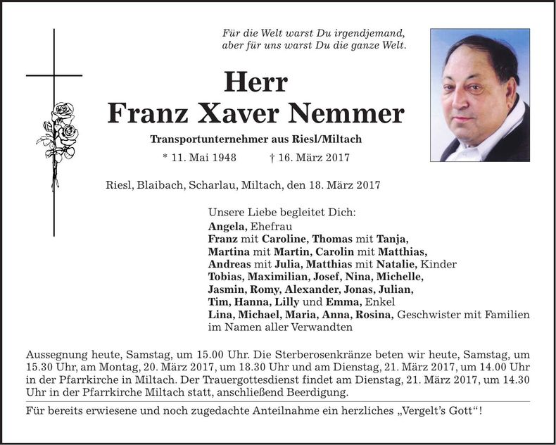 Traueranzeige Franz Xaver Nemmer