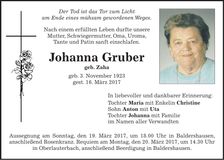 Traueranzeige Johanna Gruber