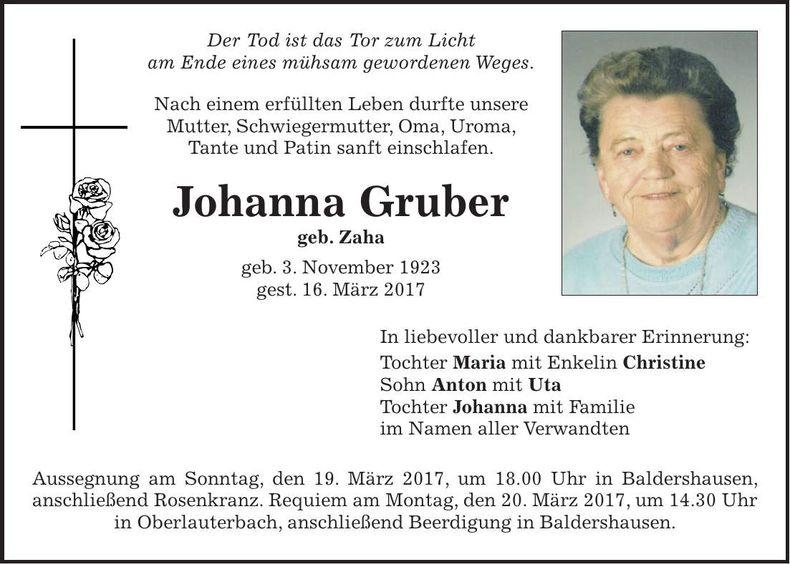 Traueranzeige Johanna Gruber