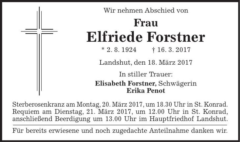 Traueranzeige Elfriede Forstner