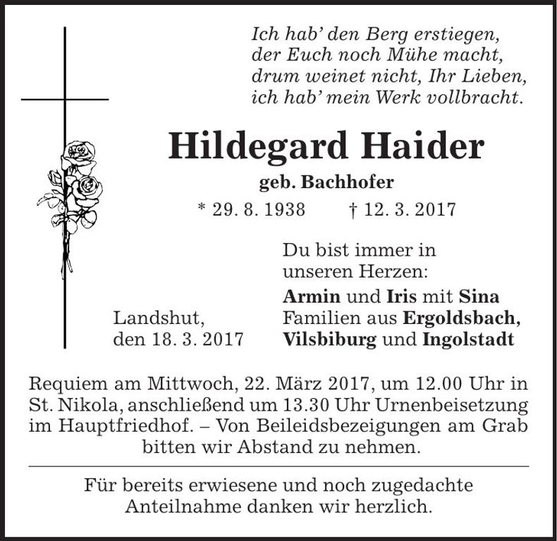 Traueranzeige Hildegard Haider