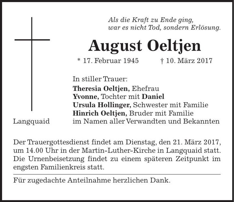 Traueranzeige August Oeltjen