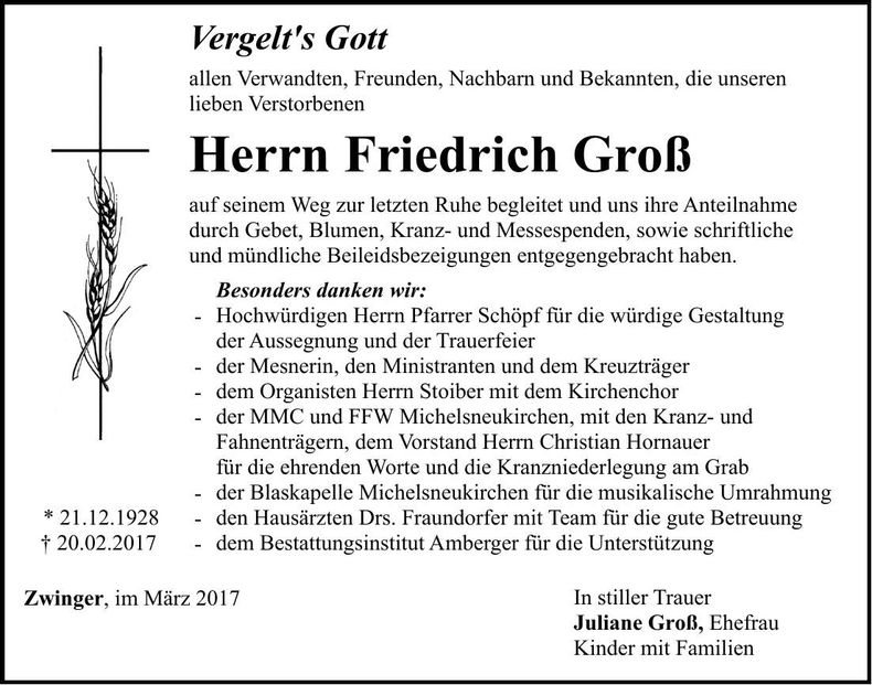 Traueranzeige Friedrich Groß
