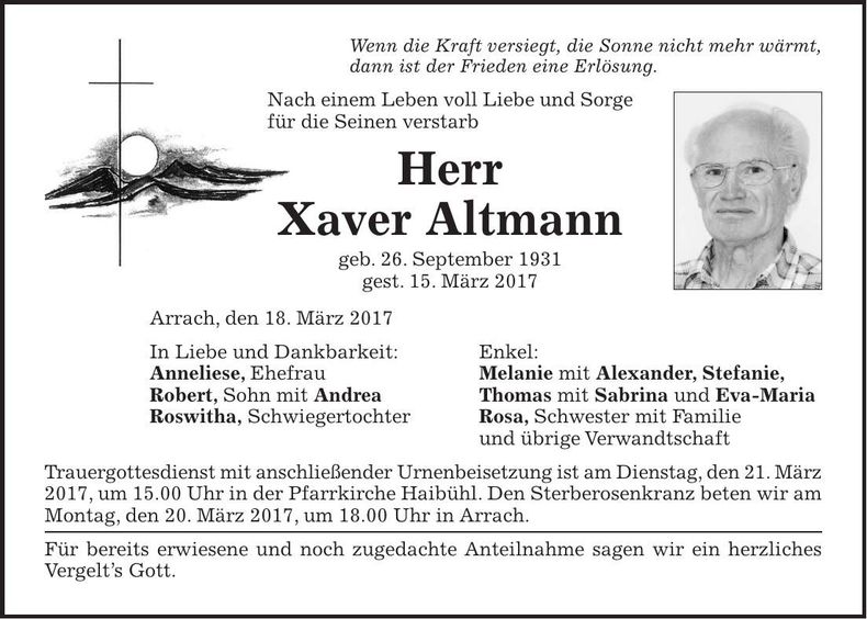 Traueranzeige Xaver Altmann