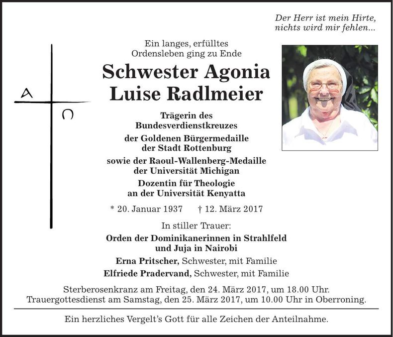 Traueranzeige Schwester Agonia-Luise Radlmeier
