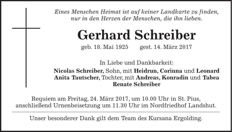 Traueranzeige Gerhard Schreiber