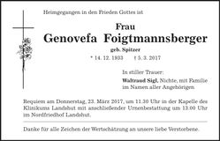 Traueranzeige Genovefa Foigtmannsberger