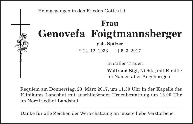 Traueranzeige Genovefa Foigtmannsberger