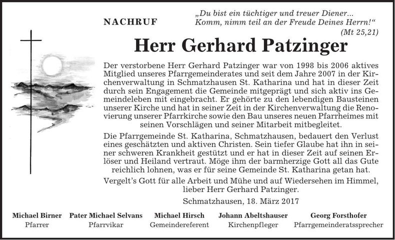Traueranzeige Gerhard Patzinger