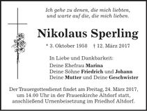 Traueranzeige Nikolaus Sperling