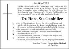 Traueranzeige Hans Steckenbiller