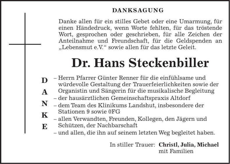 Traueranzeige Hans Steckenbiller