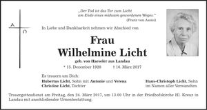 Traueranzeige Wilhelmine Licht