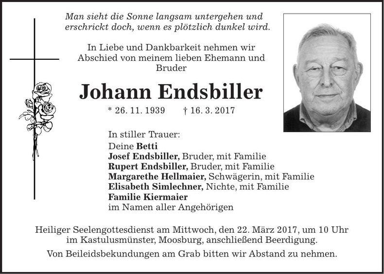 Traueranzeige Johann Endsbiller