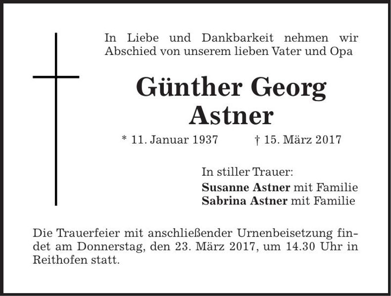 Traueranzeige Günther Georg Astner