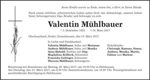 Traueranzeige Valentin Mühlbauer