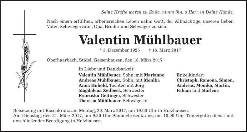 Traueranzeige Valentin Mühlbauer