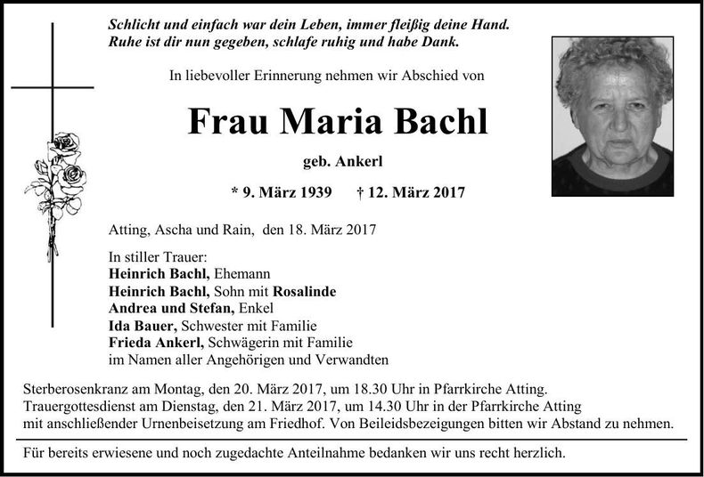 Traueranzeige Maria Bachl