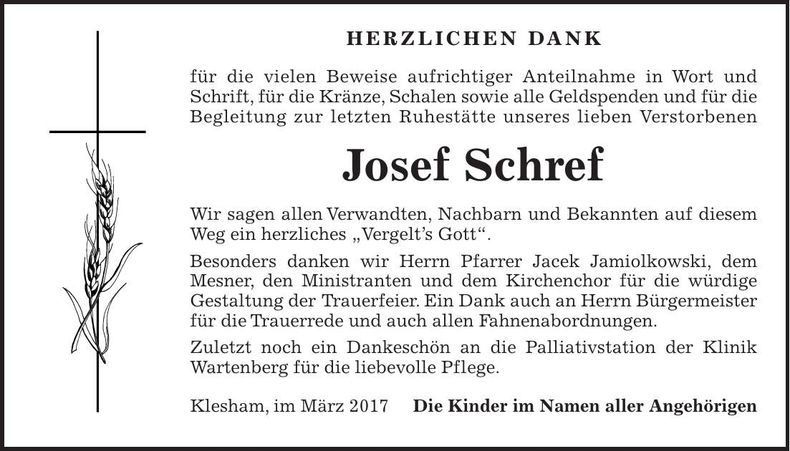 Traueranzeige Josef Schref