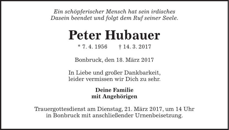 Traueranzeige Peter Hubauer