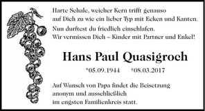 Traueranzeige Paul Quasigroch