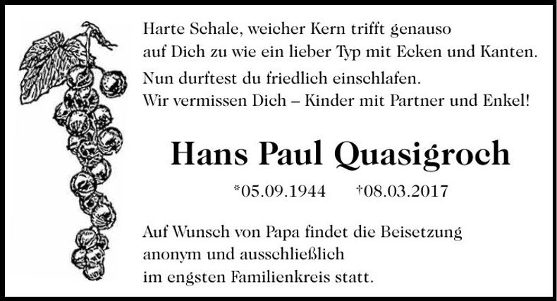 Traueranzeige Paul Quasigroch