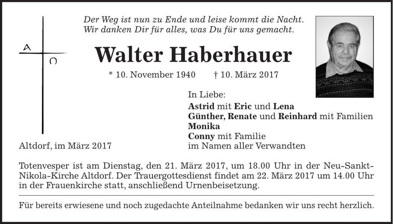 Traueranzeige Walter Haberhauer