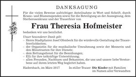 Traueranzeige Theresia Hofmeister