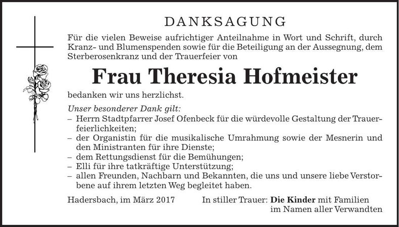 Traueranzeige Theresia Hofmeister