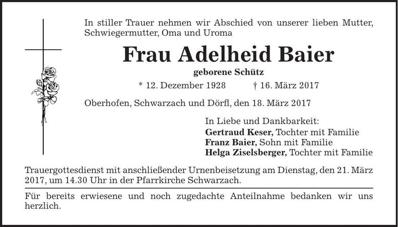 Traueranzeige Adelheid Baier