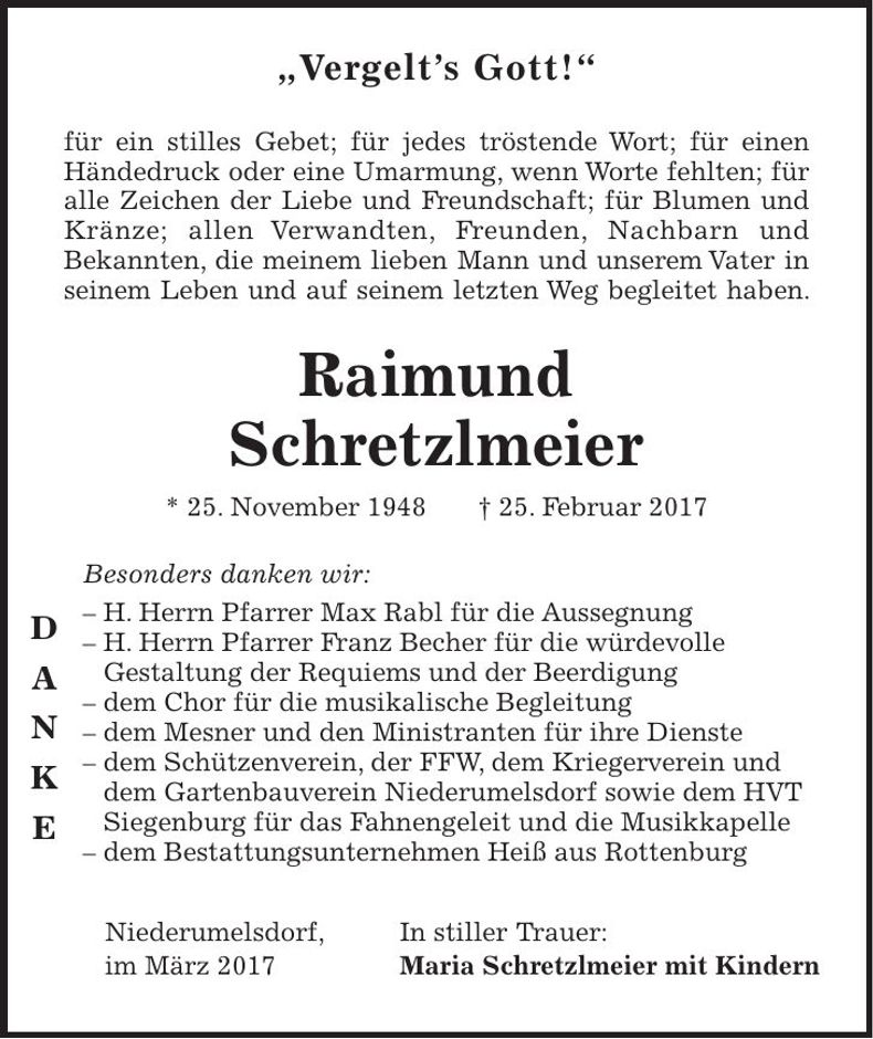 Traueranzeige Raimund Schretzlmeier