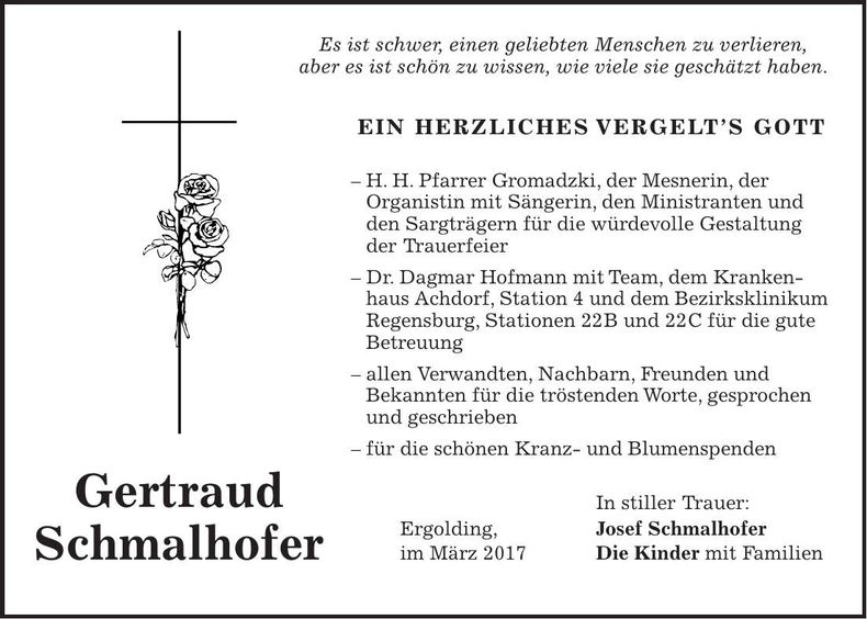 Traueranzeige Gertraud Schmalhofer