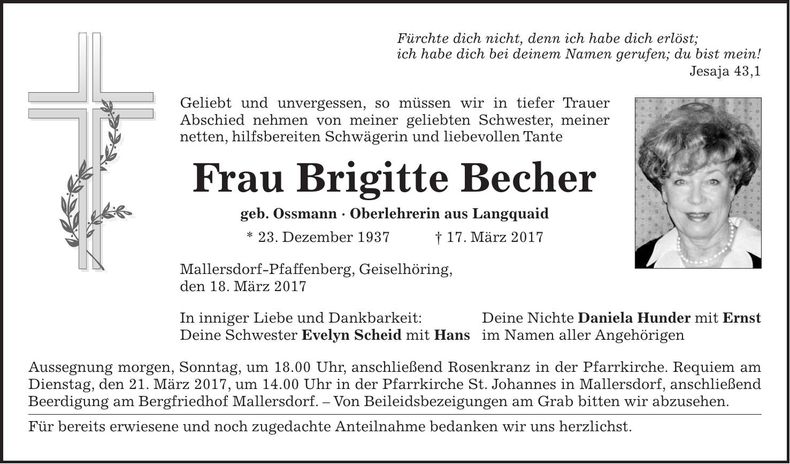 Traueranzeige Brigitte Becher