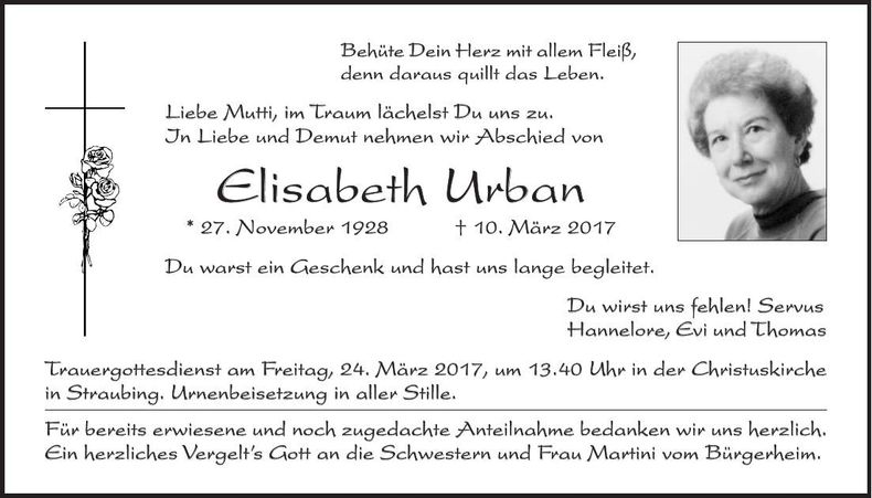 Traueranzeige Elisabeth Urban