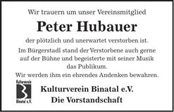 Traueranzeige Peter Hubauer