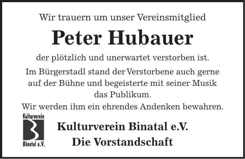 Traueranzeige Peter Hubauer