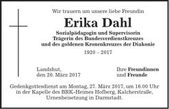 Traueranzeige Erika Dahl