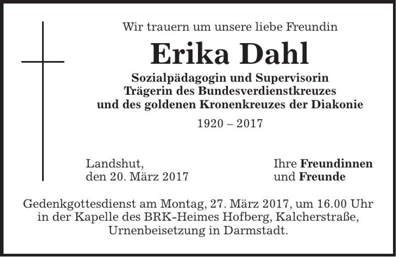 Traueranzeige Erika Dahl