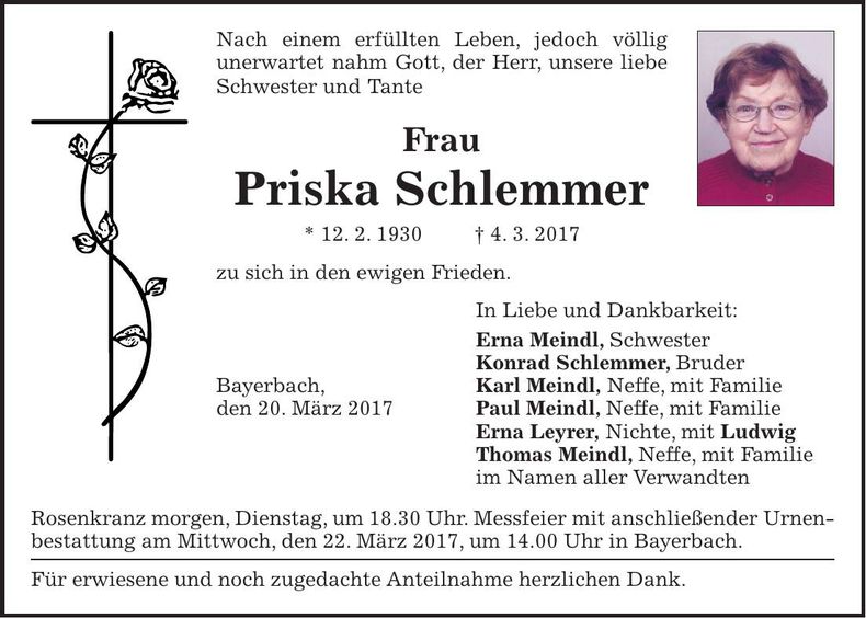 Traueranzeige Priska Schlemmer