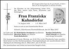 Traueranzeige Franziska Kuhndörfer