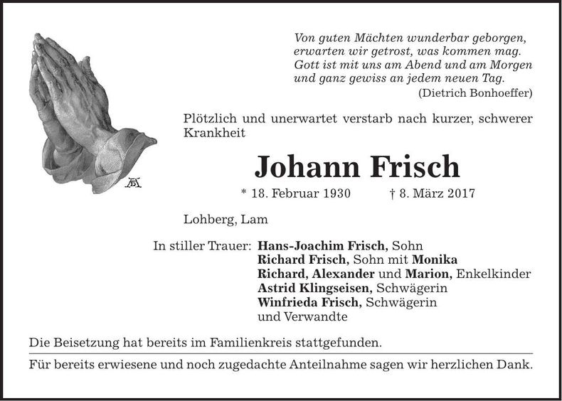 Traueranzeige Johann Frisch