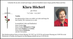 Traueranzeige Klara Höcherl