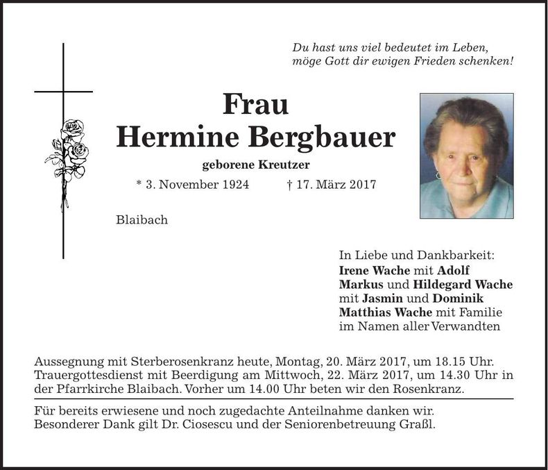 Traueranzeige Hermine Bergbauer