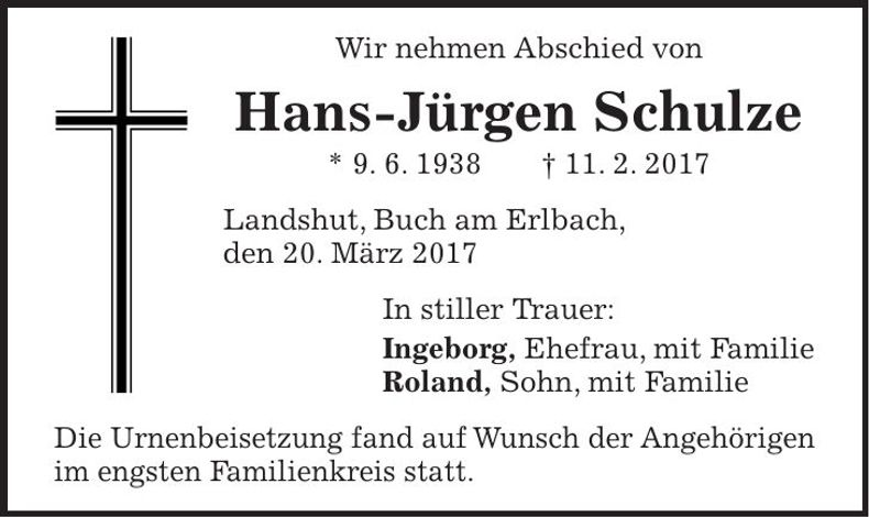 Traueranzeige Hans-Jürgen Schulze