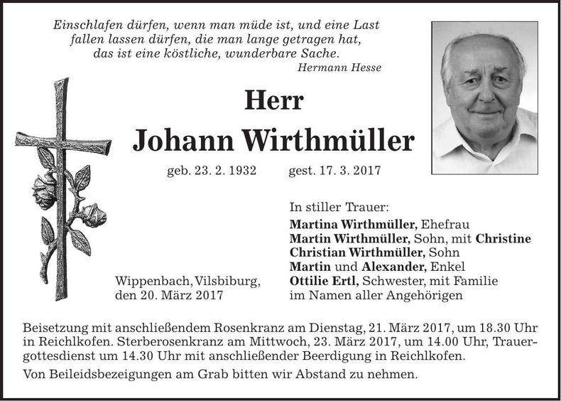 Traueranzeige Johann Wirthmüller